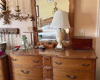 Serpentine dresser with mirror, lamp....
