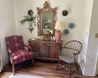Upholstered chair, carved mirror, Windsor chair, 3 door cabinet, lamp and plates.