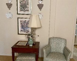 Beautiful wall plates, sconces, pictures, small chair and matching foot stool, side table. lamp.