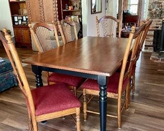 Solid wood dining table, 6 country french chairs.