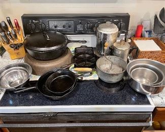 Vintage cookware and cast iron. (Stove not for sale)