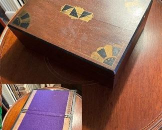 Vintage writing box, small inlaid round table.