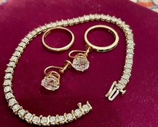 14kt CZ earings, 10kt gold and diamond bracelet,  10kt wedding band and 14kt gold band emeralds & diamonds.