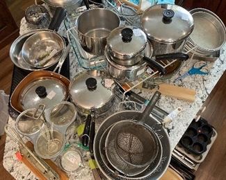 Revere Ware, skillets, bun warmer, pots, pans, lids, glass bowls, cake pans, cookie sheets, muffin pans and more! 