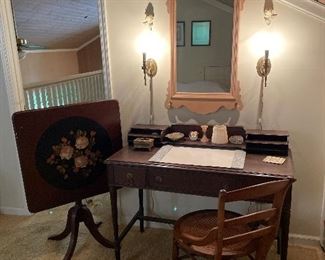 Ladies desk, Eastlake cane bottom chair, painted mirror, painted card table. 