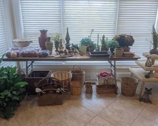 More baskets, decorative floral vases, artificial plants, 3 tiered side table