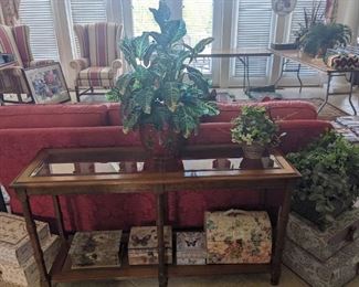 Sofa/console table, artificial plants