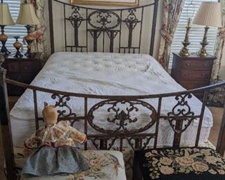 Decorative benches, queen-sized wrought iron bed frame (mattresses not for sale), matching nightstands