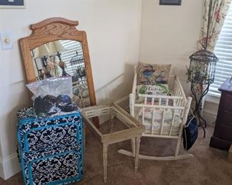 Cradle, light oak mirror, suitcase, decorative birdcage