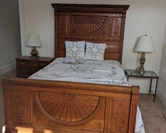 Wooden queen sized bed, 2 nightstands (not matching)
