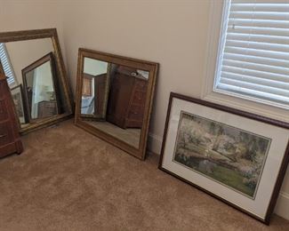2 framed mirrors, framed decorative artwork