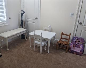 Children's table, white bench, small kids chairs
