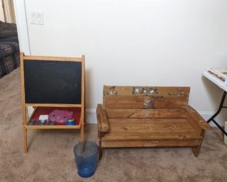 Chalk board easel, wooden kids bench