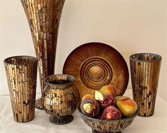 Beautiful Mosaic Style Home Decor Items!. This fun lot adds style and pizzaz! It includes four vases in different styles, two bowls with one containing decorative faux fruit pieces. The tallest item in this grouping is 19.5" h and the shortest item is 7"
