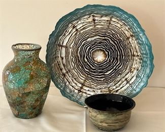 Shades of Aqua Home Decor Items. Includes a lovely mosaic vase, platters and pottery bowl. The platter measures 14.5" and has some light wear including slight paint loss.