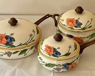 (3) Villeroy and Boch Amapola Porcelain and Enamel Cookware. Cook your meals in style with this gorgeous cookware! Includes three pieces all with lids. These items are in very good/gently used condition