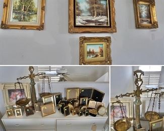 frames, artwork and vintage brass and marble scale