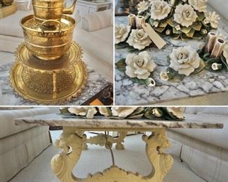 vintage Asian carved coffee table and marble table, plus decor