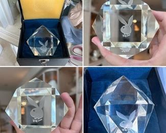Vintage 1960’s crystal Playboy paperweight, in its original box