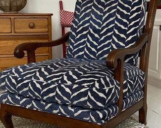 Pair of Hickory Chair French country ladder back lounge chairs upholstered in a Schumacher Zebra print with ottoman. Chairs measure 28" W x 35" D. Ottoman is 28" x 20." Photo 1 of 7.
