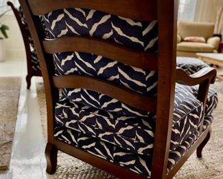 Pair of Hickory Chair French country ladder back lounge chairs upholstered in a Schumacher Zebra print with ottoman. Chairs measure 28" W x 35" D. Ottoman is 28" x 20." Photo 3 of 7.