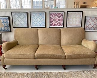 Hickory Chair chenille upholstered three-seat sofa on casters. Measures 88" W x 38" D. Photo 1 of 3.