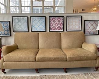 Hickory Chair chenille upholstered three-seat sofa on casters. Measures 88" W x 38" D. Photo 2 of 3.