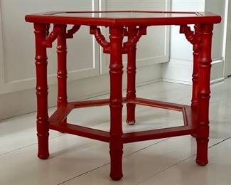 "Cinnabar" faux bamboo side table with glass top - 2 available. Each measures 28" x 30" H. Photo 1 of 3.