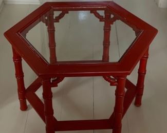 "Cinnabar" faux bamboo side table with glass top - 2 available. Each measures 28" x 30" H. Photo 2 of 3.