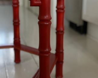 "Cinnabar" faux bamboo side table with glass top - 2 available. Each measures 28" x 30" H. Photo 3 of 3.