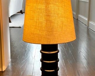 Pair of Port 68 midnight blue faux bamboo glass table lamps with natural woven shades. Each measures 29" H. Photo 1 of 3.