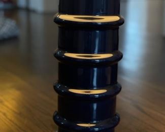 Pair of Port 68 midnight blue faux bamboo glass table lamps with natural woven shades. Each measures 29" H. Photo 2 of 3.