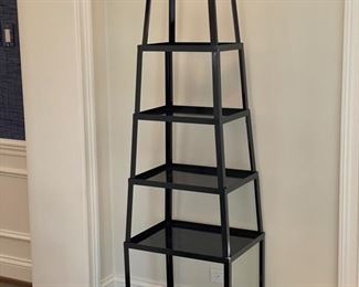 Black lacquer metal etagere - 2 available. At widest point, each measures 20" W x 16" D x 73" H. Photo 1 of 3.