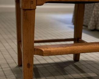 Set of three Caledonian oak ladder-back counter stools with green faux leather seats and nail head trim. Each measures 22" W with 24" seat height. Photo 4 of 4.