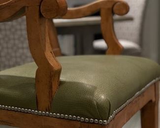 Set of three Caledonian oak ladder-back counter stools with green faux leather seats and nail head trim. Each measures 22" W with 24" seat height. Photo 3 of 4.