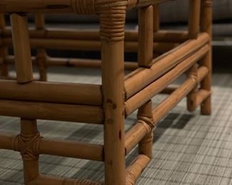 Alexis Vintiques vintage island-style rattan and bamboo cocktail table with glass top. Measures 36" x 36" x 16" H. Photo 3 of 3.