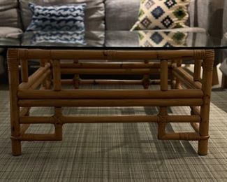 Alexis Vintiques vintage island-style rattan and bamboo cocktail table with glass top. Measures 36" x 36" x 16" H. Photo 1 of 3.