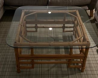 Alexis Vintiques vintage island-style rattan and bamboo cocktail table with glass top. Measures 36" x 36" x 16" H. Photo 2 of 3.