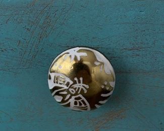 Chest of drawers with distressed aqua finish and elephant head and graphic pulls. Measures 36" W x 19" D x 31" H. Photo 4 of 4.