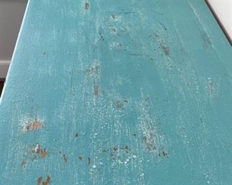 Chest of drawers with distressed aqua finish and elephant head and graphic pulls. Measures 36" W x 19" D x 31" H. Photo 2 of 4.