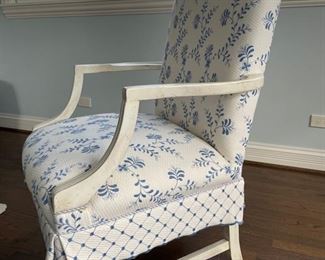 Jeff Zimmerman blue & white upholstered arm chair. Photo 2 of 4.