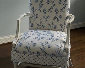 Jeff Zimmerman blue & white upholstered arm chair. Photo 1 of 4.