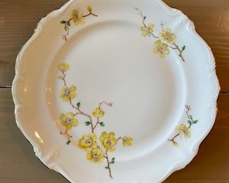Johann Haviland pattern JOH104 china set (yellow flowers, brown branches with pompadour shape, Yellow Flowers). Set includes 11 dinner plates, 12 salad/dessert plates, 7 bowls, 12 tea cups and saucers, 1 soup tureen, 2 vegetable platters and a sauce boat with under plate. Photo 1 of 7.