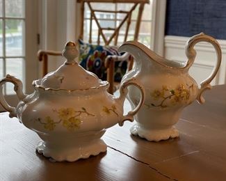 Johann Haviland pattern JOH104 china set (yellow flowers, brown branches with pompadour shape, Yellow Flowers). Set includes 11 dinner plates, 12 salad/dessert plates, 7 bowls, 12 tea cups and saucers, 1 soup tureen, 2 vegetable platters and a sauce boat with under plate. Photo 7 of 7.