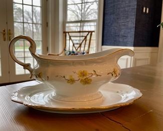 Johann Haviland pattern JOH104 china set (yellow flowers, brown branches with pompadour shape, Yellow Flowers). Set includes 11 dinner plates, 12 salad/dessert plates, 7 bowls, 12 tea cups and saucers, 1 soup tureen, 2 vegetable platters and a sauce boat with under plate. Photo 6 of 7.