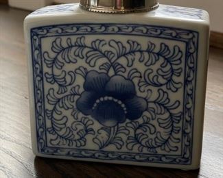 Maze Home blue & white decorative porcelain jars with silver lid. Photo 1 of 5.