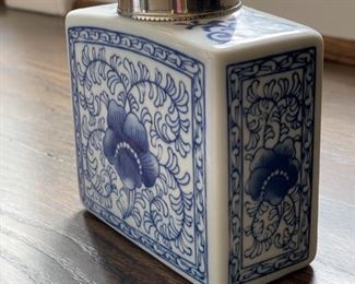 Maze Home blue & white decorative porcelain jar with silver lid. Photo 2 of 5.