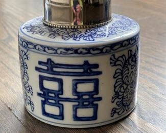 Maze Home blue & white decorative porcelain jar with silver lid. Photo 4 of 5.