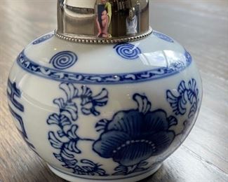 Maze Home blue & white decorative porcelain jar with silver lid. Photo 5 of 5.