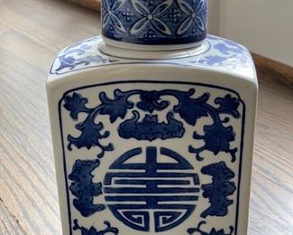 Maze Home blue & white decorative porcelain jar with silver lid. Photo 3 of 5.